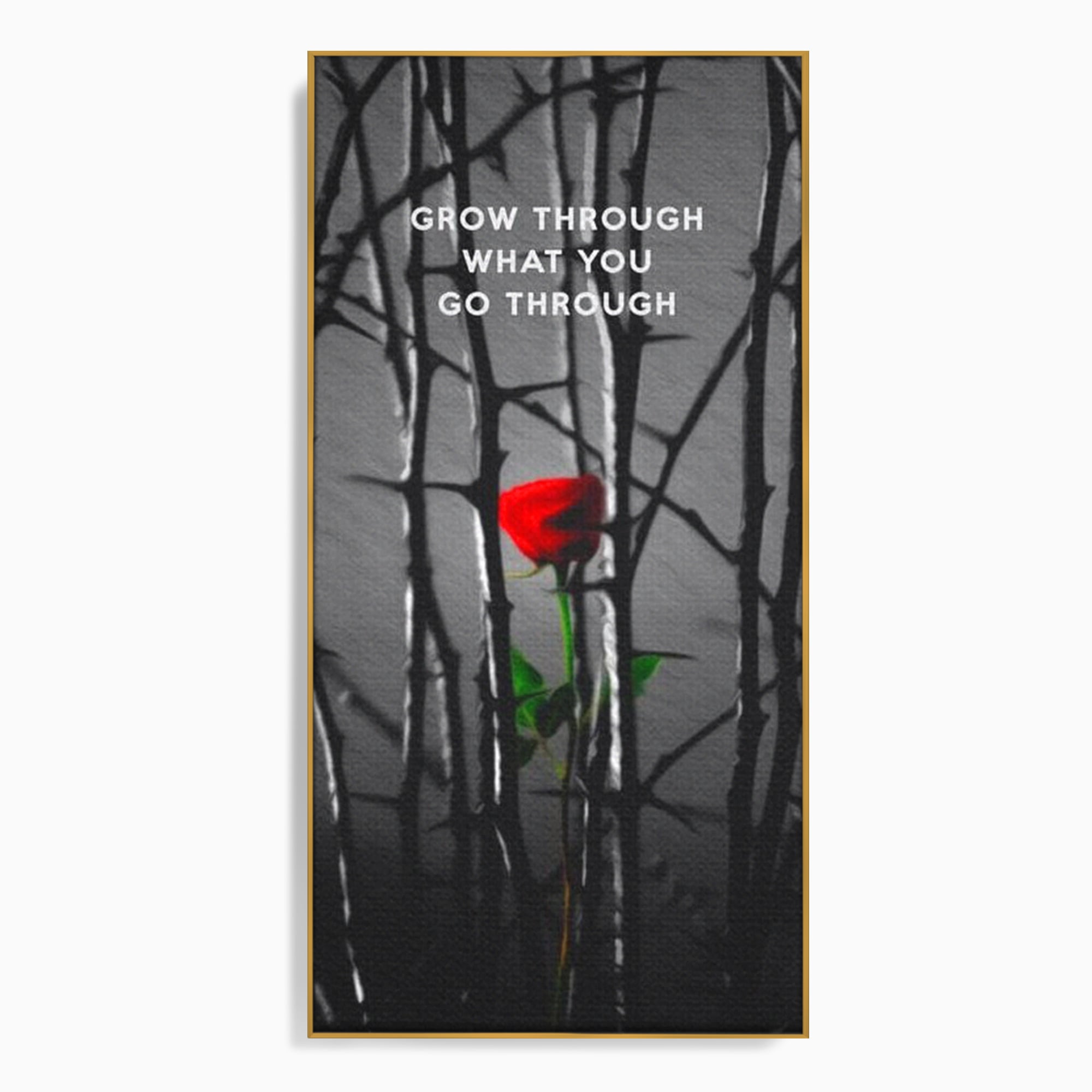 Tablou canvas cu tablou motivational cu trandafir rosu si spini, in rama de aluminiu auriu